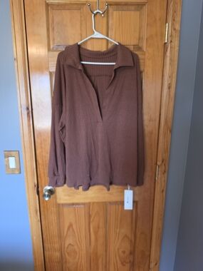 Fisoew Brown Ribbed Collared Long-Sleeve Top